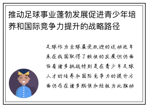 推动足球事业蓬勃发展促进青少年培养和国际竞争力提升的战略路径