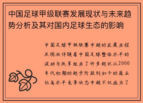 中国足球甲级联赛发展现状与未来趋势分析及其对国内足球生态的影响