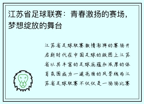 江苏省足球联赛：青春激扬的赛场，梦想绽放的舞台