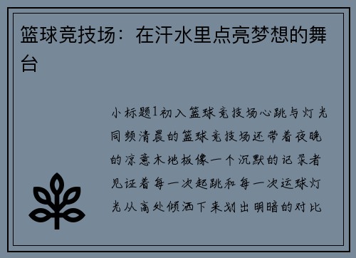 篮球竞技场：在汗水里点亮梦想的舞台