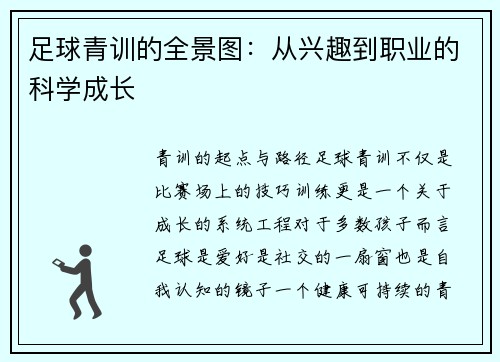 足球青训的全景图：从兴趣到职业的科学成长