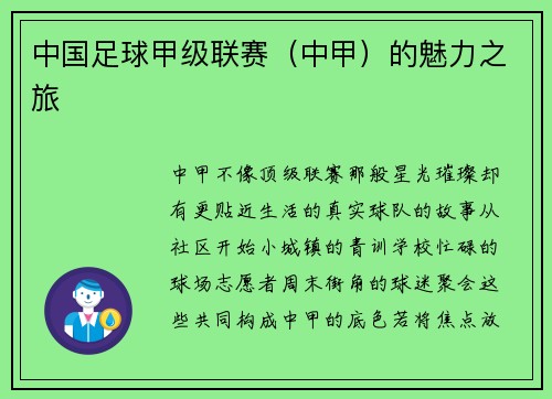中国足球甲级联赛（中甲）的魅力之旅